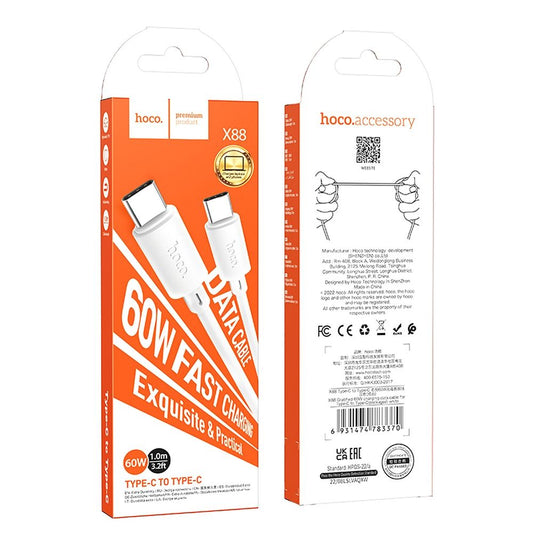 Câble de données et de charge USB-C - USB-C HOCO X88, 60W, 1m, blanc