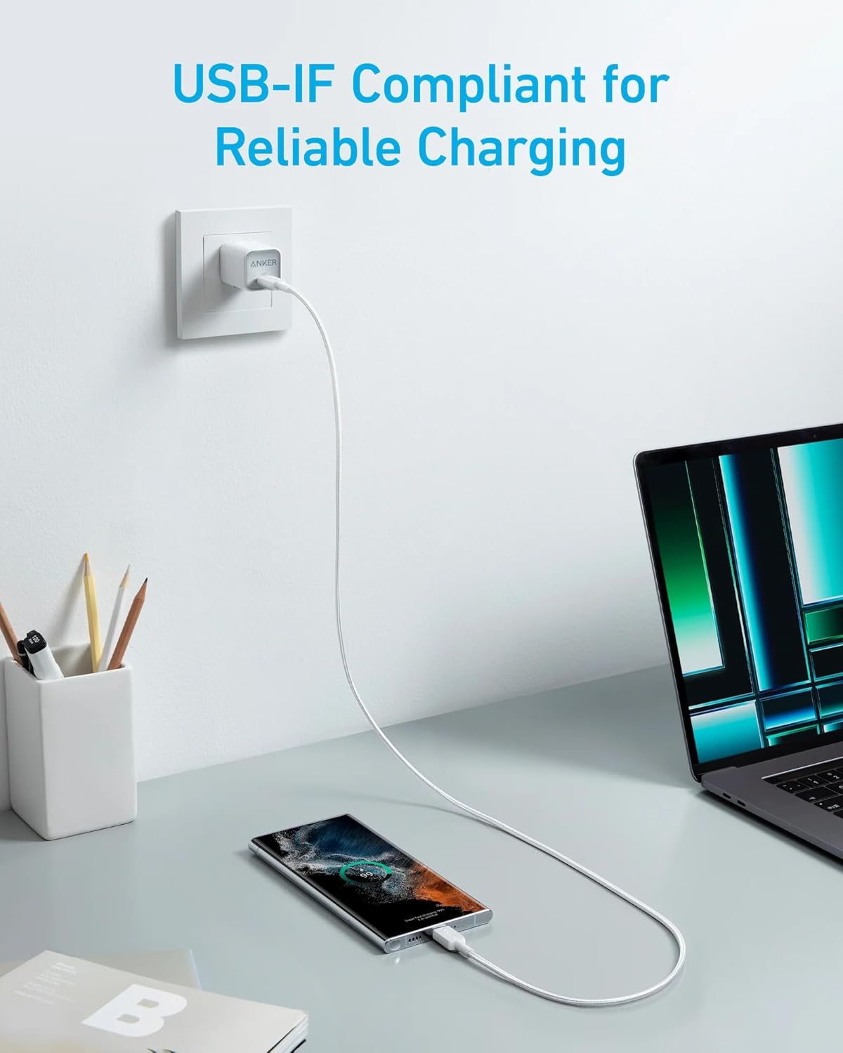 Câble de Données et de Charge USB-C - USB-C Anker 322, 60W, 0.9m, Blanc A81F5G21