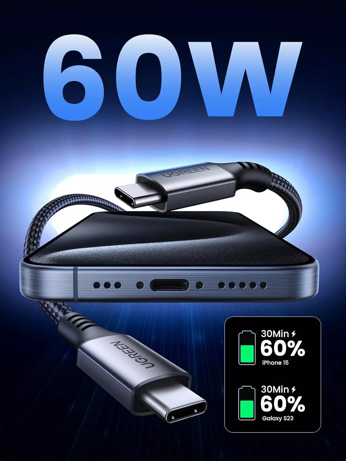 USB-C Data- en oplaadkabel - USB-C UGREEN US567, 60W, 2m, Grijs