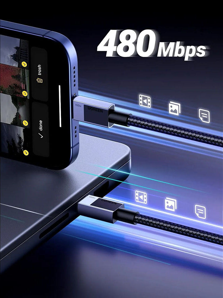 USB-C Data- en Oplaadkabel - USB-C UGREEN L512, 100W, 3m, Gri