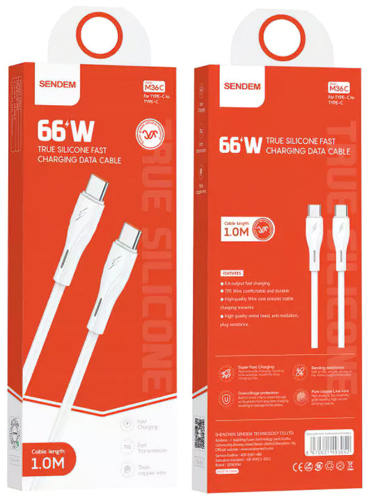 Câble de données et de charge USB-C - USB-C Sendem M36C, 66W, 1m, Blanc