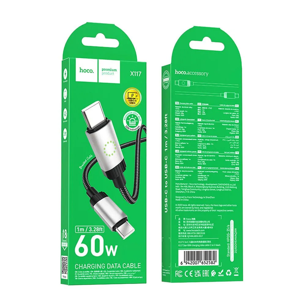USB-C Data- en Oplaadkabel - USB-C HOCO X117, 60W, 1m, Zwart