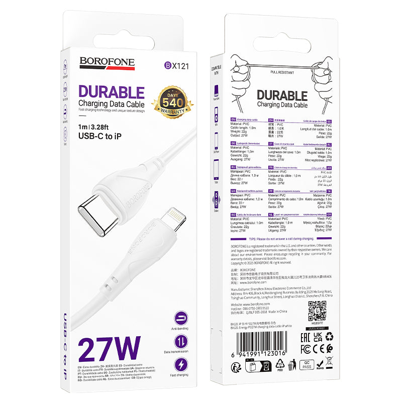 USB-C Data- en Oplaadkabel - USB-C Borofone BX121 Energy, 60W, 1m, Wit
