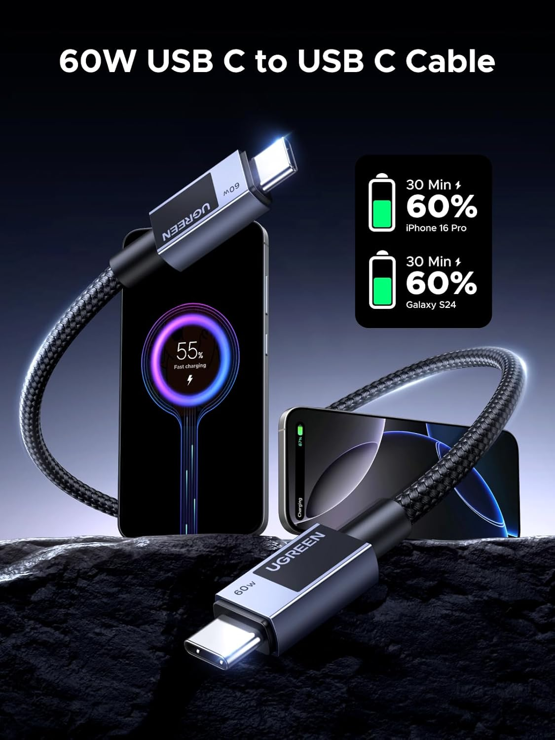 USB-C zu USB-C Daten- und Ladekabel UGREEN L524, 60W, 2m, Grau