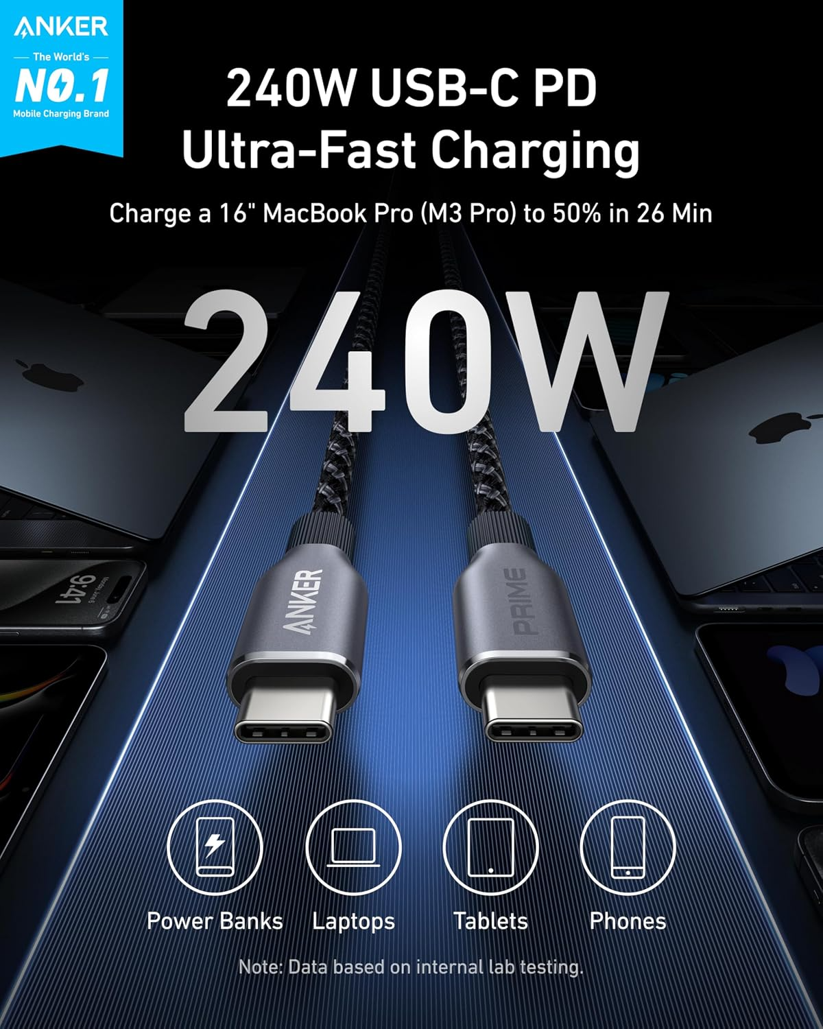 Anker Prime USB-C-naar-USB-C-data- en oplaadkabel, 240 W, 0,9 m, zwart A88E2011