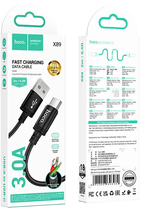 Data- en Oplaadkabel USB-A - USB-C HOCO X89, 18W, 2m, Zwart