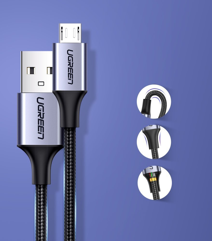 Câble de données et de charge USB-A - microUSB UGREEN US290, 18W, 2m, Noir
