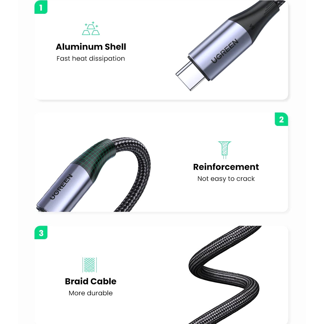 USB-C Data- en oplaadkabel - USB-C UGREEN US355, 100W, 1m, Zwart