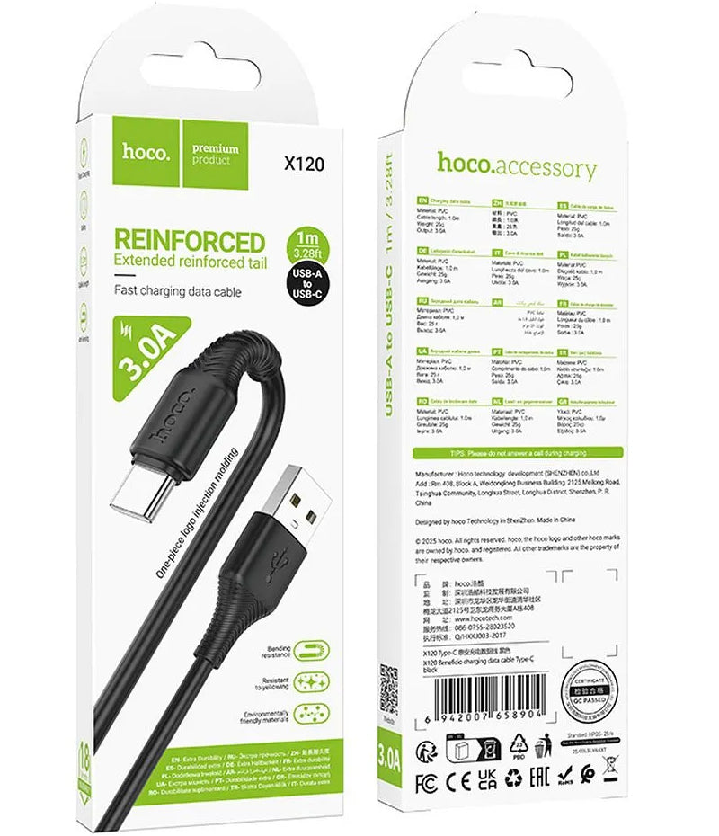 Data- en Oplaadkabel USB-A - USB-C HOCO X120, 60W, 1m, Zwart