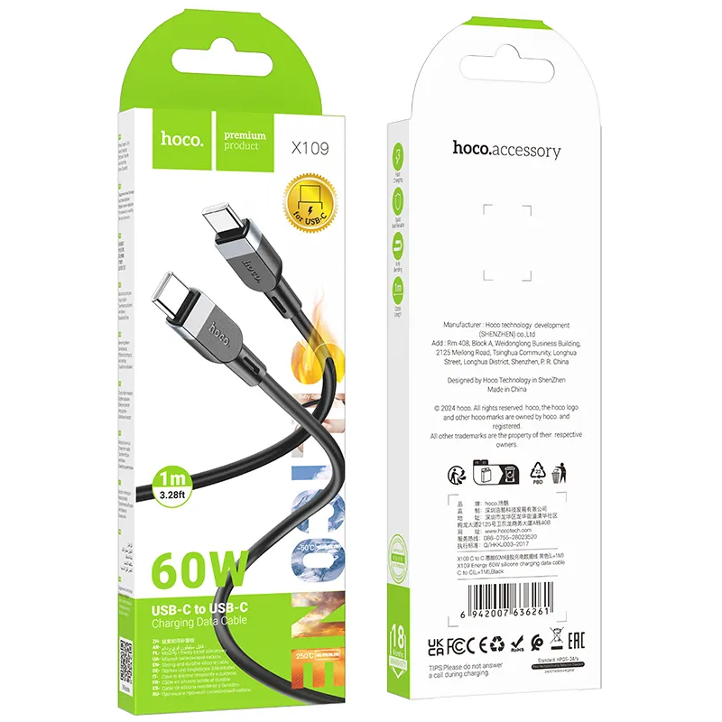 Câble de Données et de Charge USB-C - USB-C HOCO X109, 60W, 1m, Noir