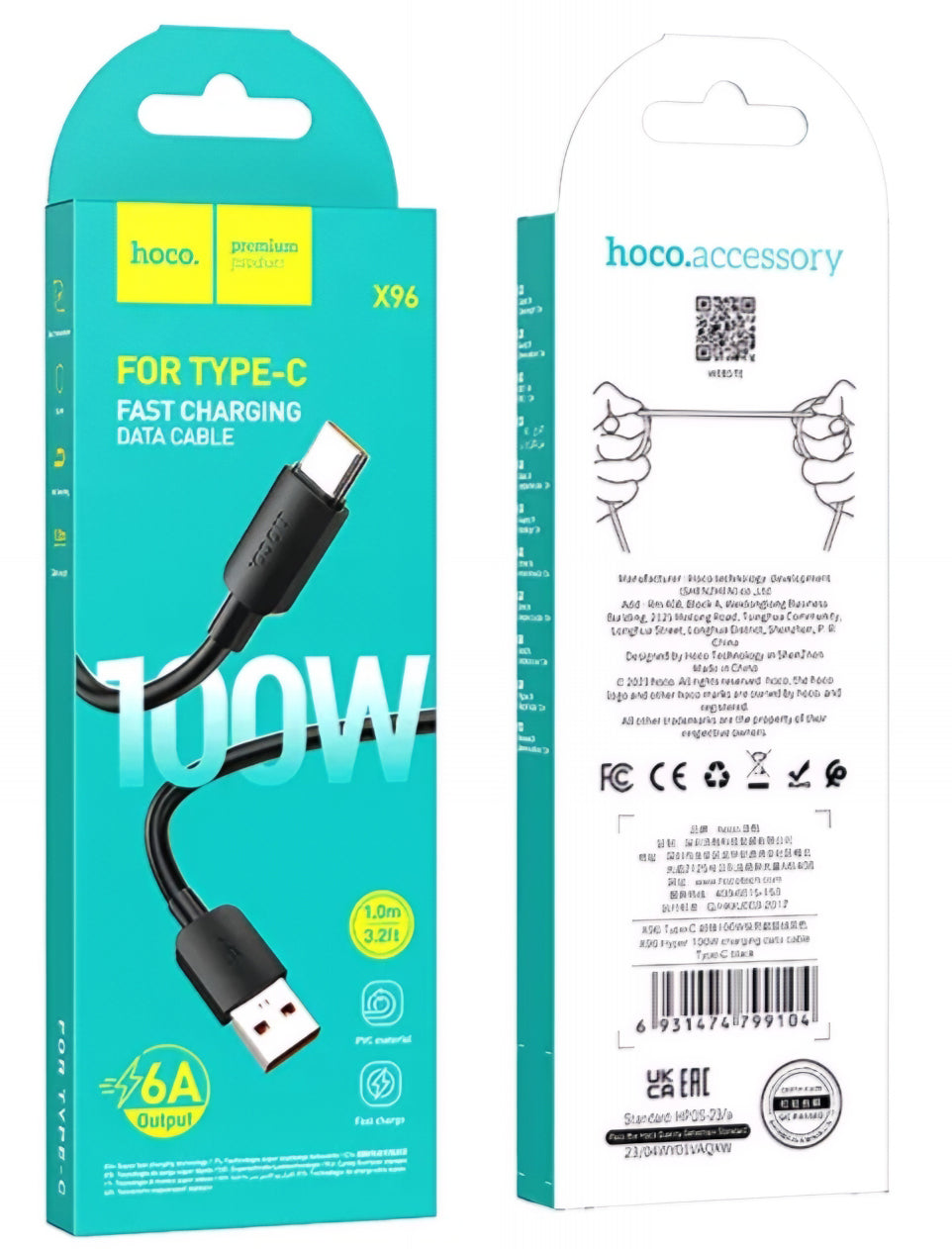 Data- en oplaadkabel USB-A - USB-C HOCO X96, 100W, 1m, Zwart