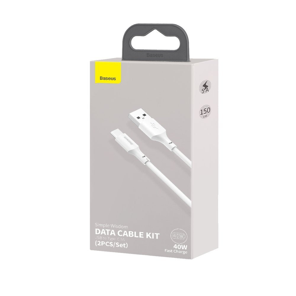 Câble de Données et de Charge USB-A - USB-C Baseus, 40W, 1.5m, Set 2 pièces, Blanc TZCATZJ-02