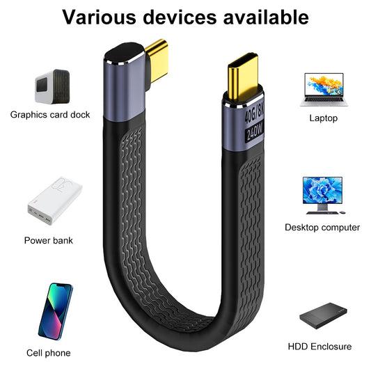 Câble de Données et de Charge USB-C - USB-C OEM Angled 8K Vidéo, 240W, 0.15m, Noir