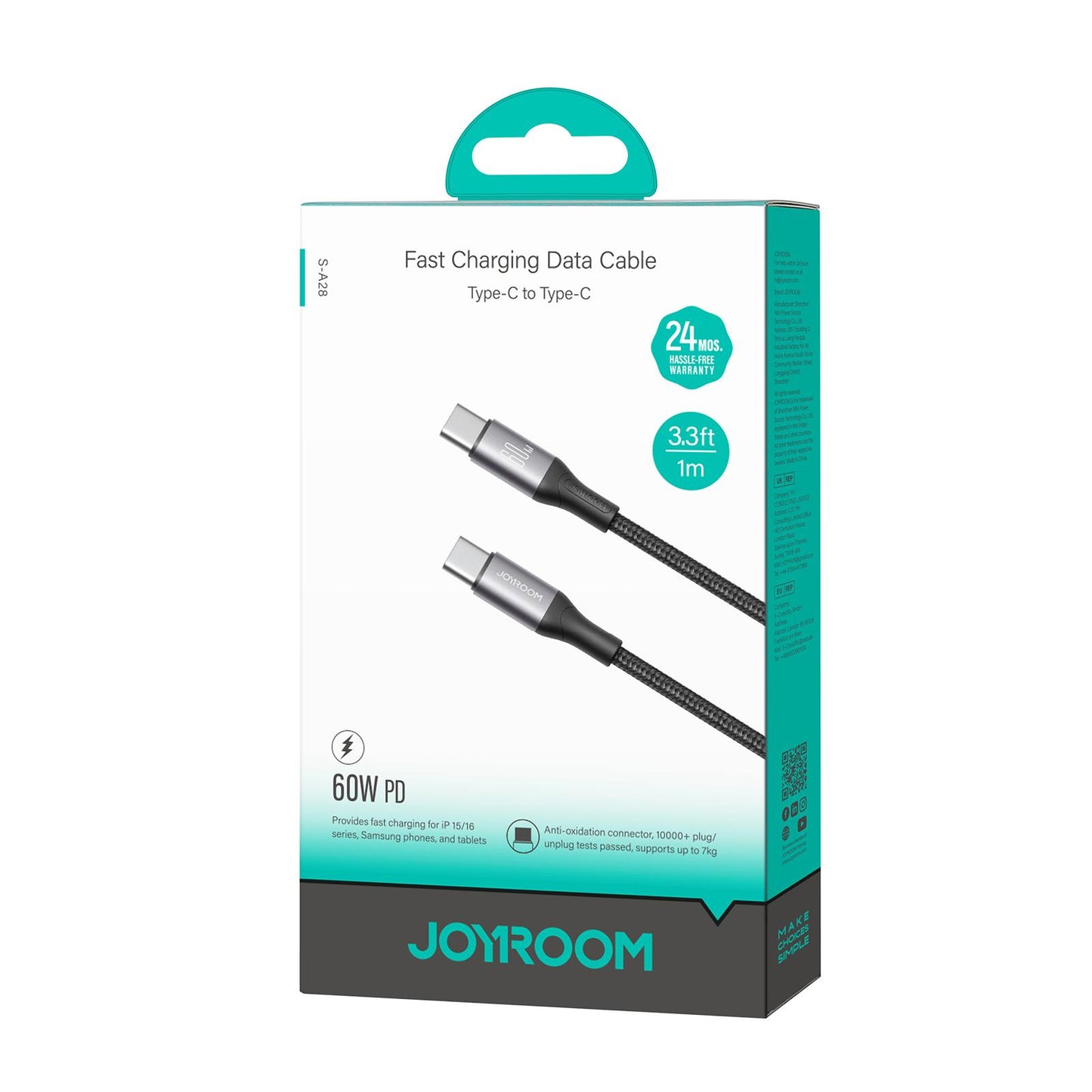 USB-C Data- en Oplaadkabel - USB-C Joyroom S-A28 Flash, 60W, 1m, Zwart
