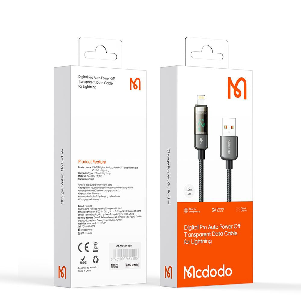 Daten- und Ladekabel USB-A - Lightning McDodo CA-3620 Display Auto Power Off, 18W, 1.2m, Schwarz