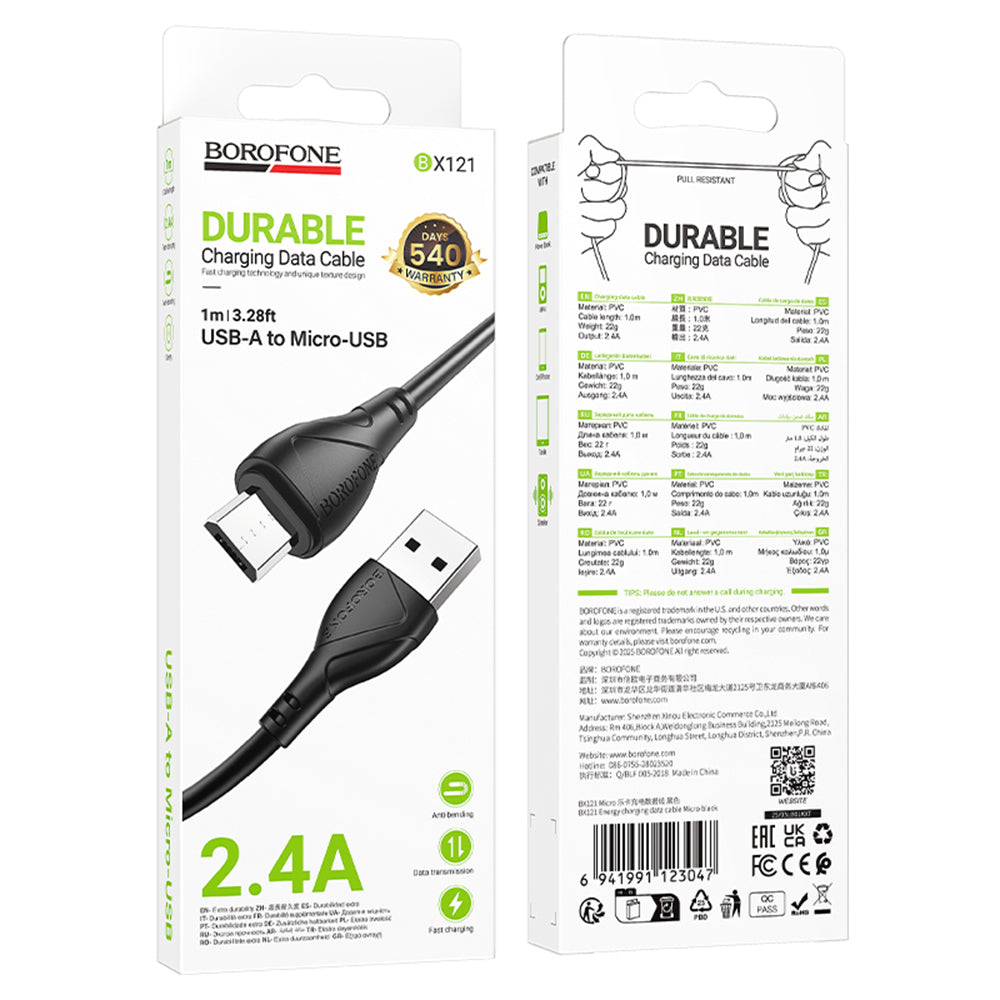 Câble de Données et de Charge USB-A - microUSB Borofone BX121 Energy, 18W, 1m, Noir
