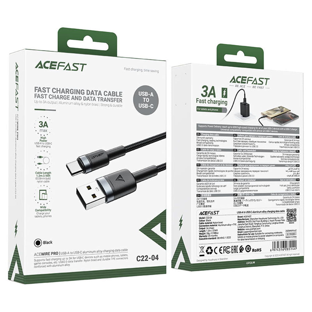 Câble de Données et de Charge USB-A - USB-C Acefast C22-04, 18W, 1.2m, Noir