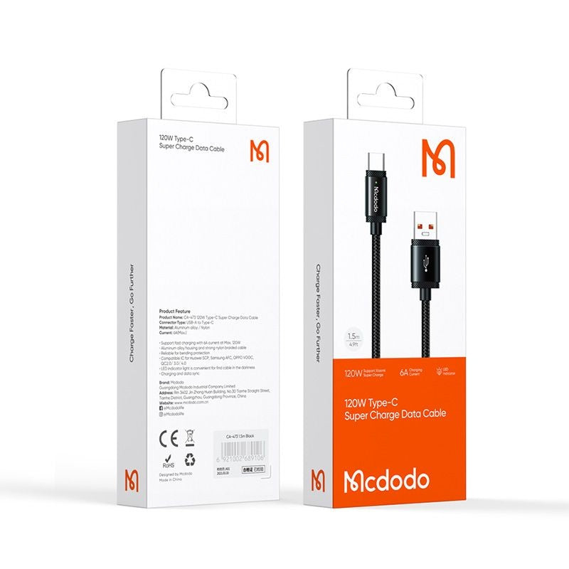 Daten- und Ladekabel USB-A - USB-C McDodo CA-4730, 120W, 1.5m, Schwarz