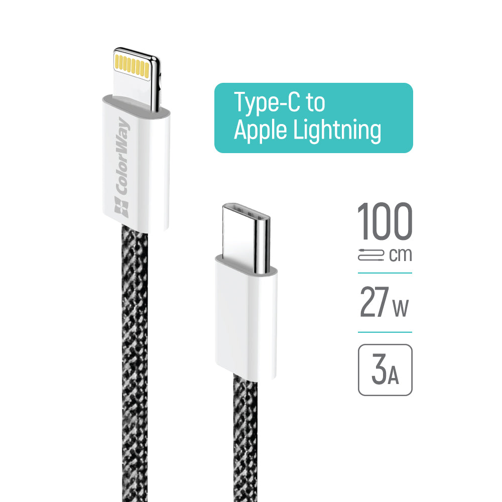 Câble de Données et de Charge USB-C - Lightning ColorWay CW-CBPDCL061, 27W, 1m, Noir