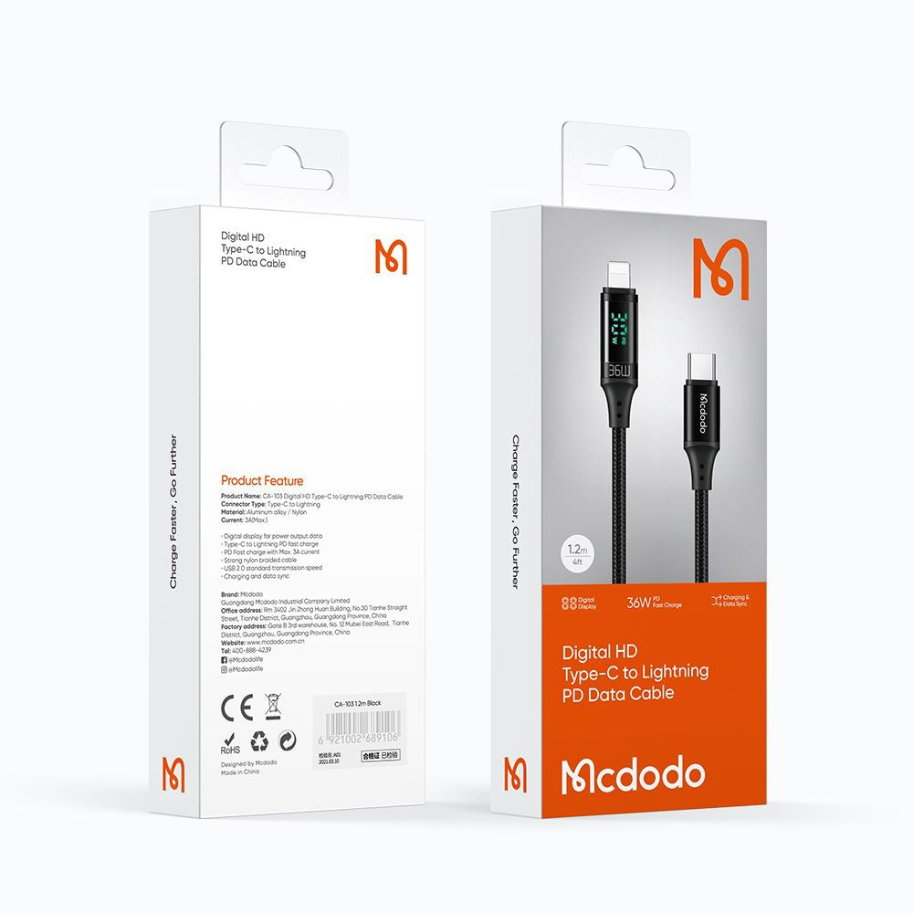 USB-C - Lightning McDodo CA-1030 Display Data- en Oplaadkabel, 36W, 1.2m, Zwart