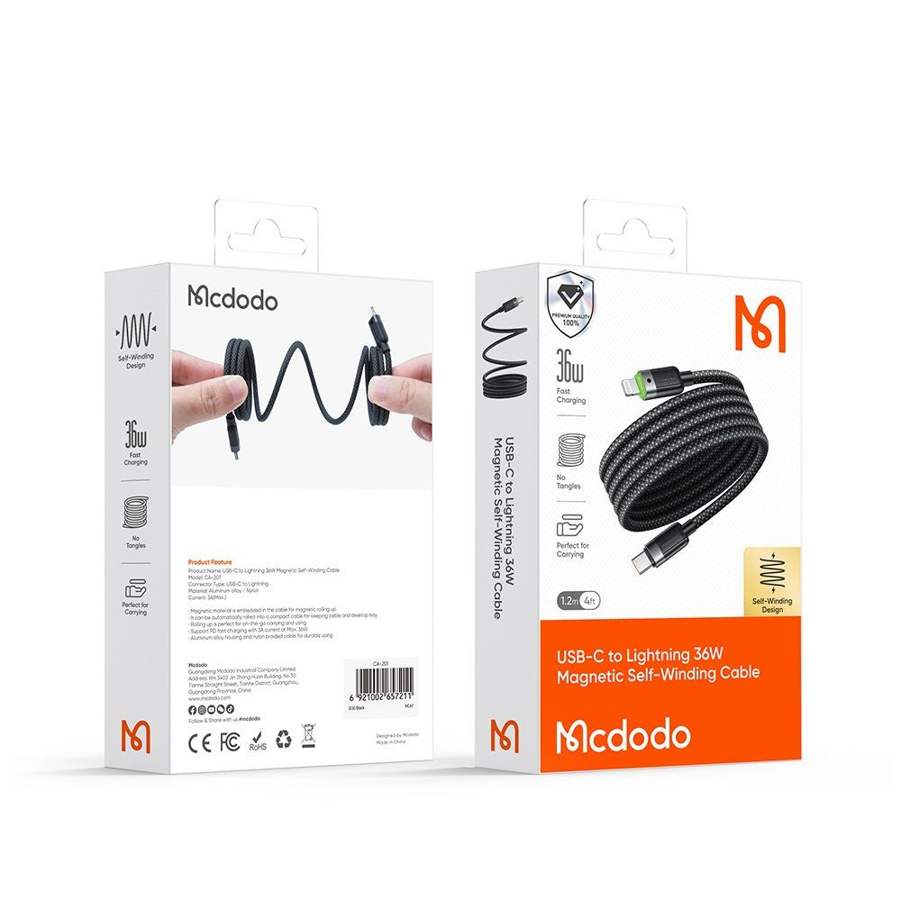 USB-C - Lightning McDodo CA-2010 Zelfoprollend Data- en Oplaadkabel, 36W, 1.2m, Zwart