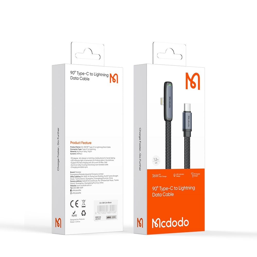 USB-C - Lightning McDodo CA-3350 Angled Data- en Oplaadkabel, 36W, 1.2m, Zwart
