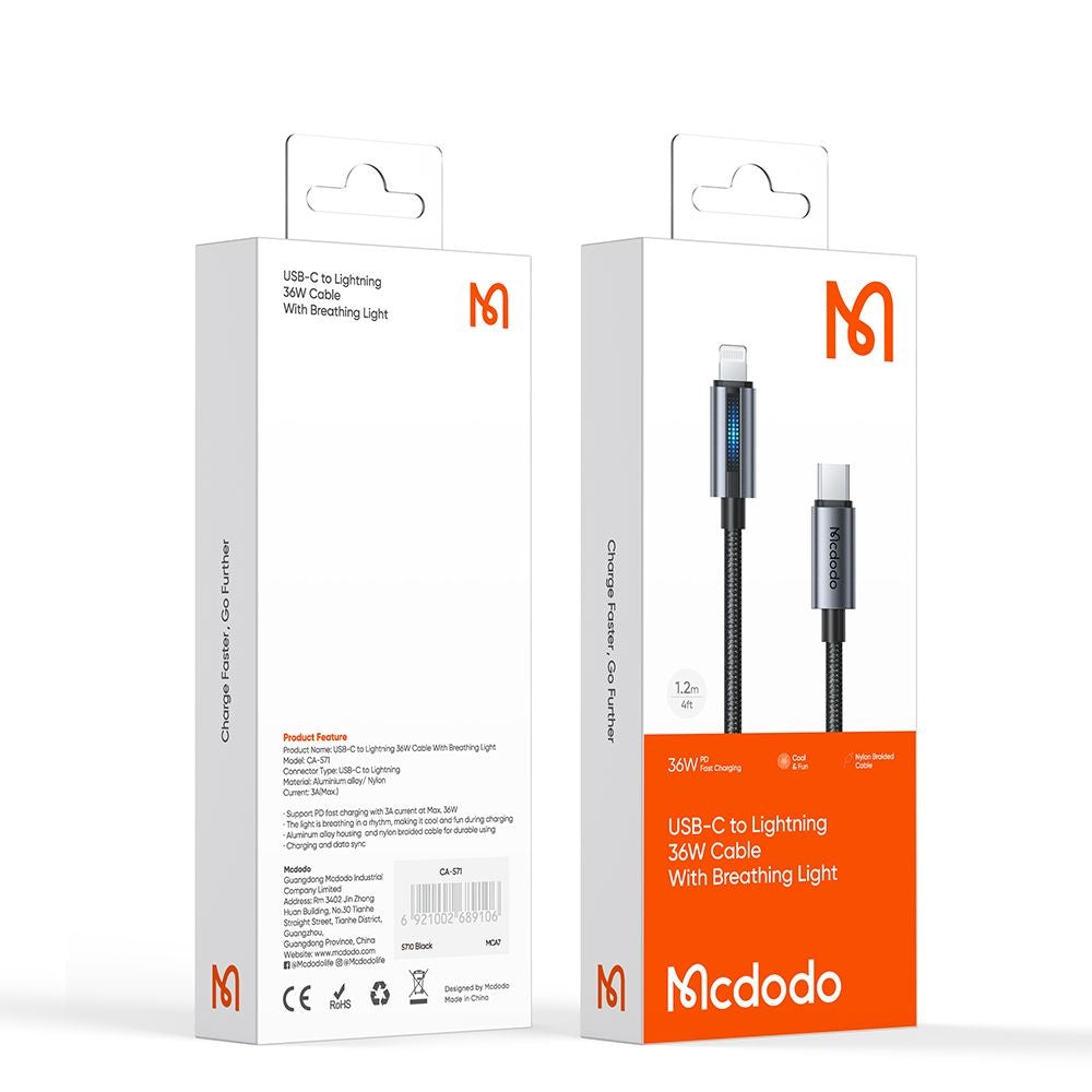 USB-C - Lightning Lade- und Datenkabel McDodo CA-5710, 36W, 1.2m, Schwarz