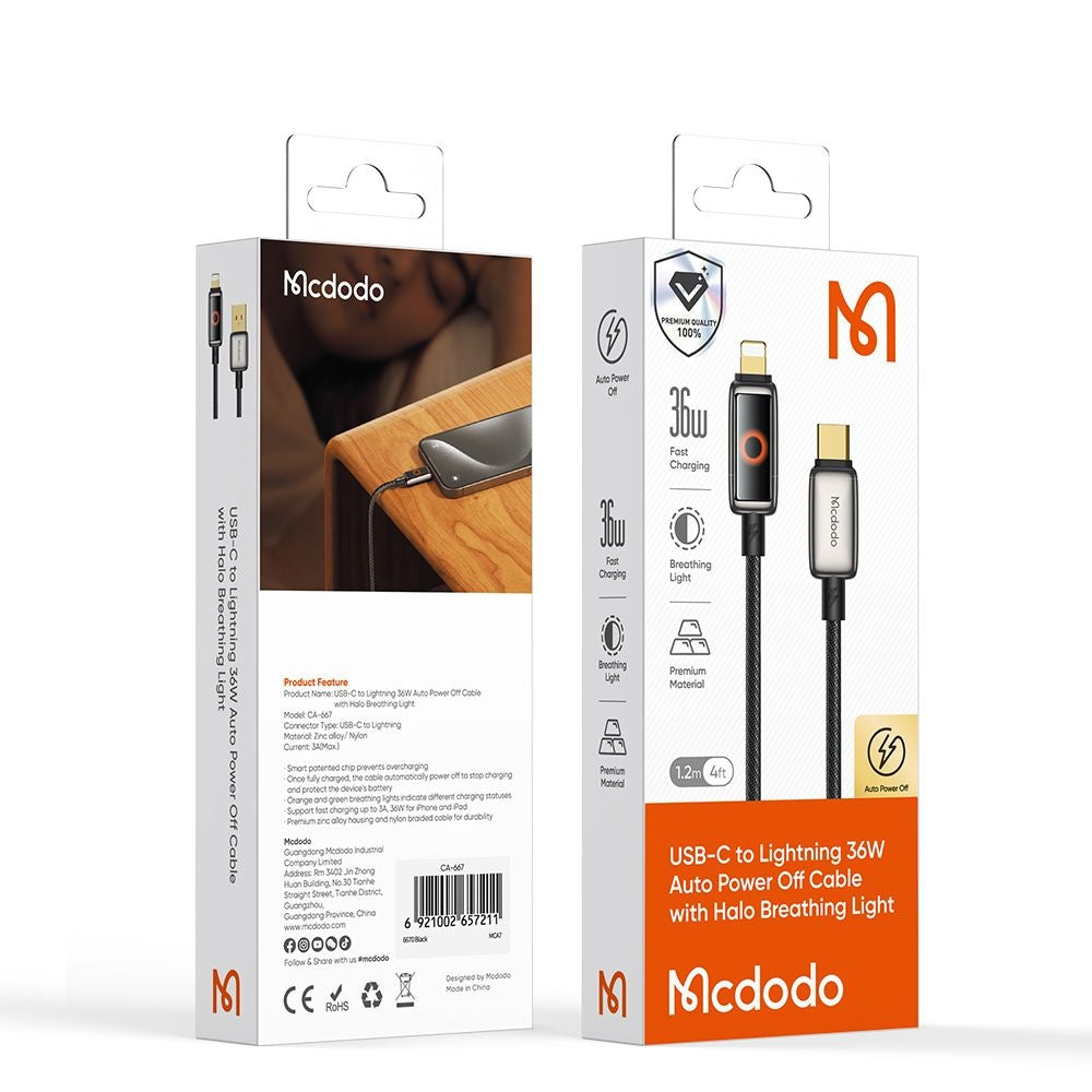 Câble de Données et de Charge USB-C - Lightning McDodo CA-6670 Auto Power Off, 36W, 1.2m, Noir