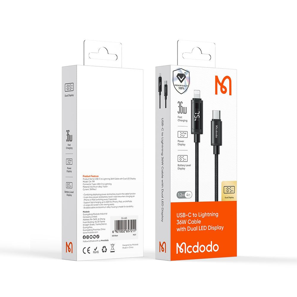 Câble de Données et de Charge USB-C - Lightning McDodo CA-7990 Display, 36W, 1.2m, Noir