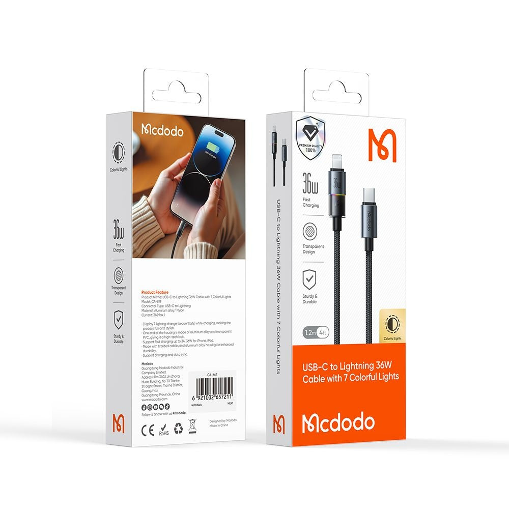 Câble de Données et de Charge USB-C - Lightning McDodo CA-8190 Colorful, 36W, 1.2m, Noir