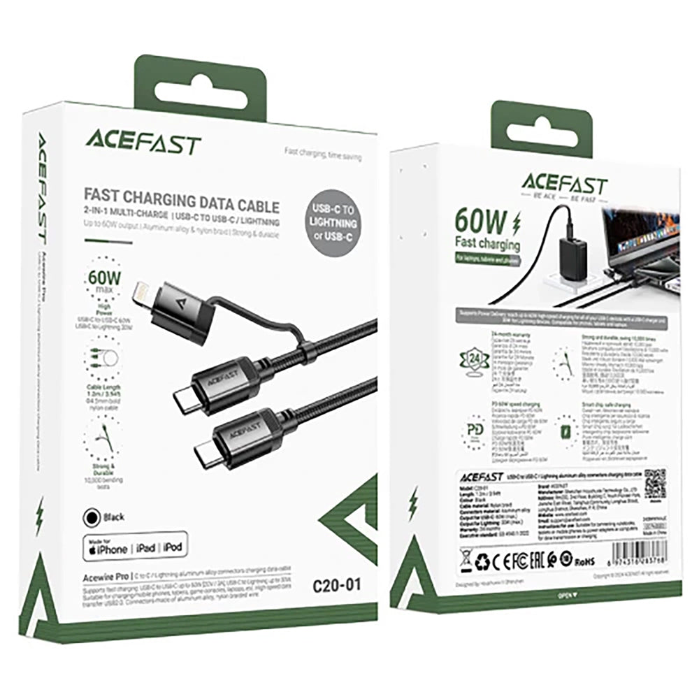 USB-C - Lightning / USB-C Acefast C20-01 Data- en Oplaadkabel, 60W, 1.2m, Zwart