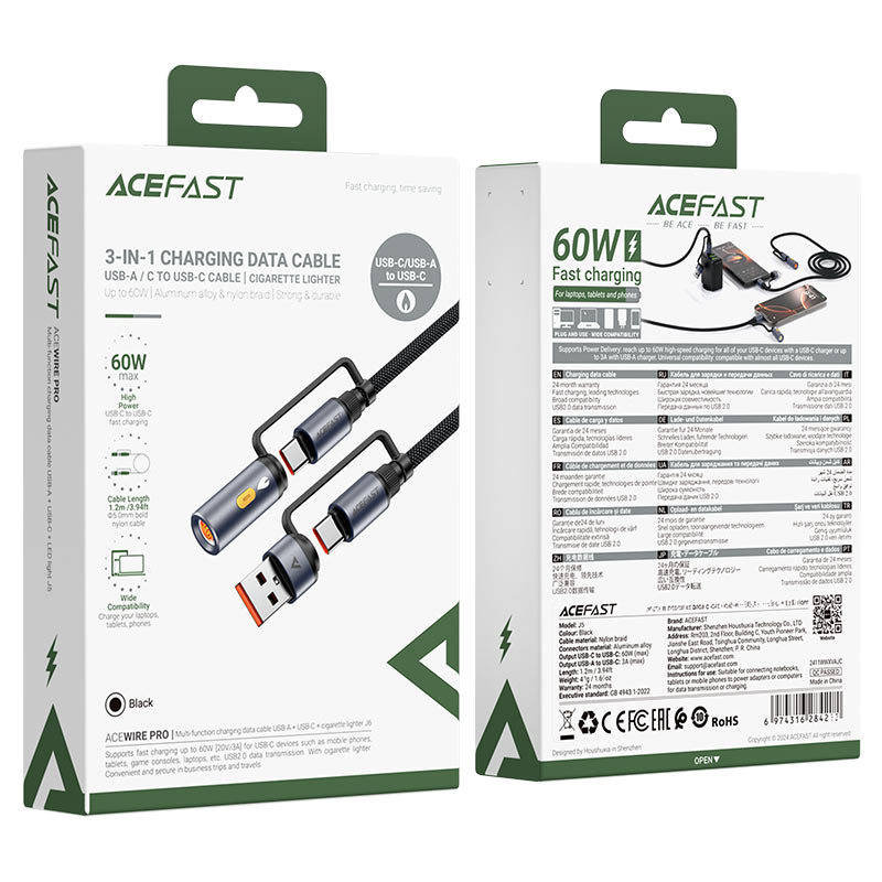 Câble de Données et de Charge USB-C / USB-A - USB-C / Briquet Électrique Acefast J6, 60W, 1.2m, Noir