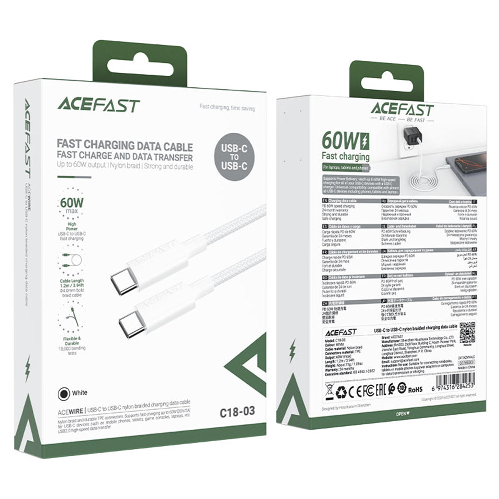Daten- und Ladekabel USB-C - USB-C Acefast C18-03, 60W, 1.2m, Weiß
