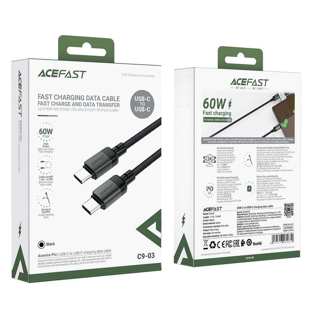 Data- en Oplaadkabel USB-C - USB-C Acefast C9-03, 60W, 1.2m, Zwart
