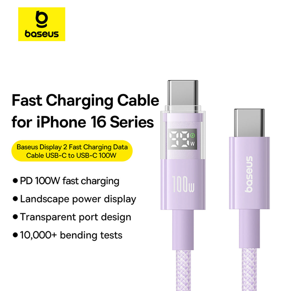 Data- en Oplaadkabel USB-C - USB-C Baseus Display 2, 100W, 2m, Paars P10382702511-01