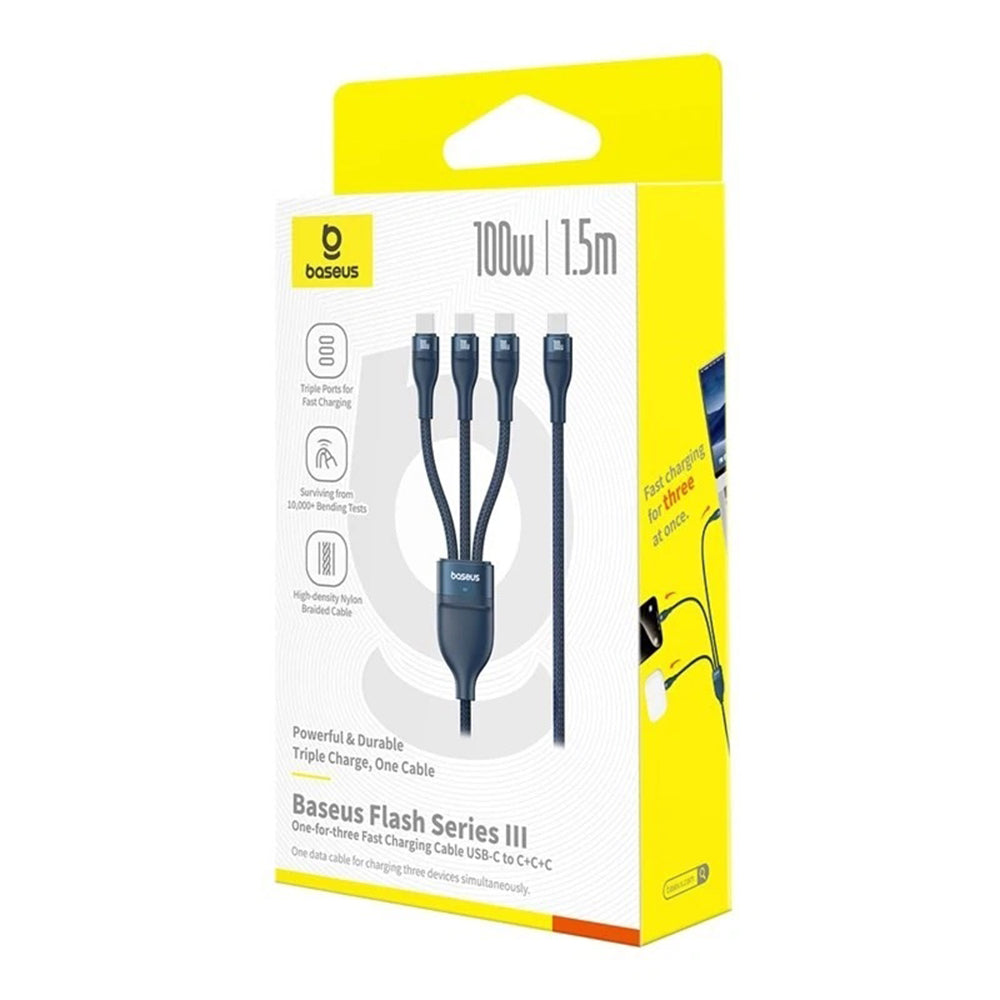 USB-C Oplaadkabel - 3 x USB-C Baseus Flash Series III 3in1, 100W, 1.5m, Blauw P10377503321-00