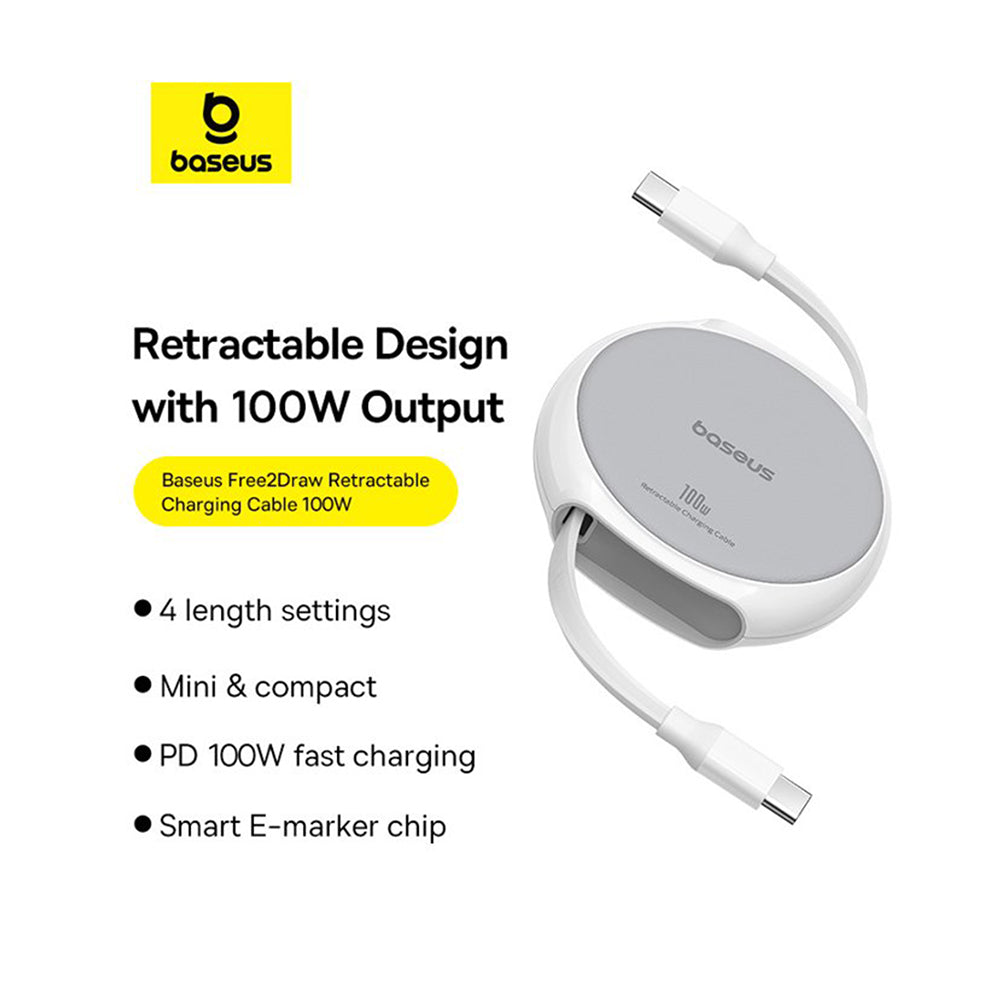 Câble de Données et de Charge USB-C - USB-C Baseus Pathfinder Rétractable, 100W, 1m, Blanc P10368400211-00