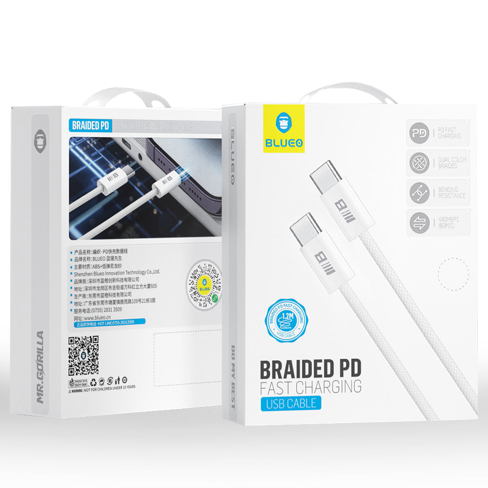 Data- en Oplaadkabel USB-C - USB-C Blueo, 100W, 1.2m, Wit