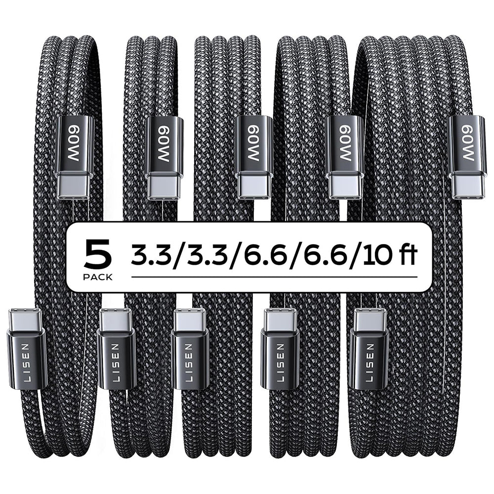 Câble de Données et de Charge USB-C - USB-C Lisen, 60W, Set 5 pièces (2 x 1m, 2 x 2m, 1 x 3m), Noir YL0123070010