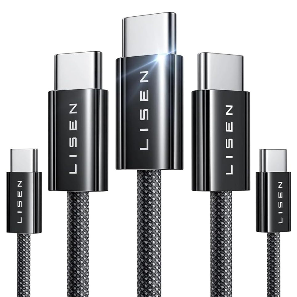 Câble de Données et de Charge USB-C - USB-C Lisen, 60W, Set 5 pièces (2 x 1m, 2 x 2m, 1 x 3m), Noir YL0123070010