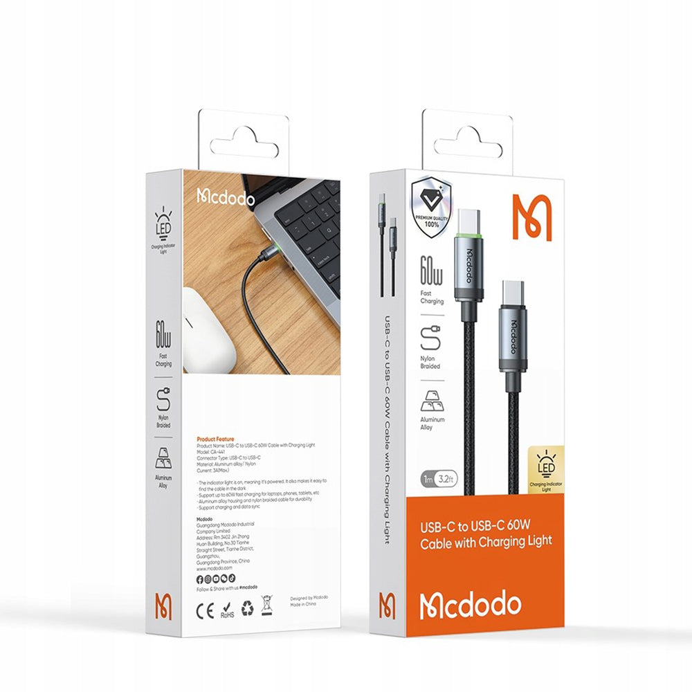 Data- en Oplaadkabel USB-C - USB-C McDodo CA-4410, 60W, 1m, Zwart