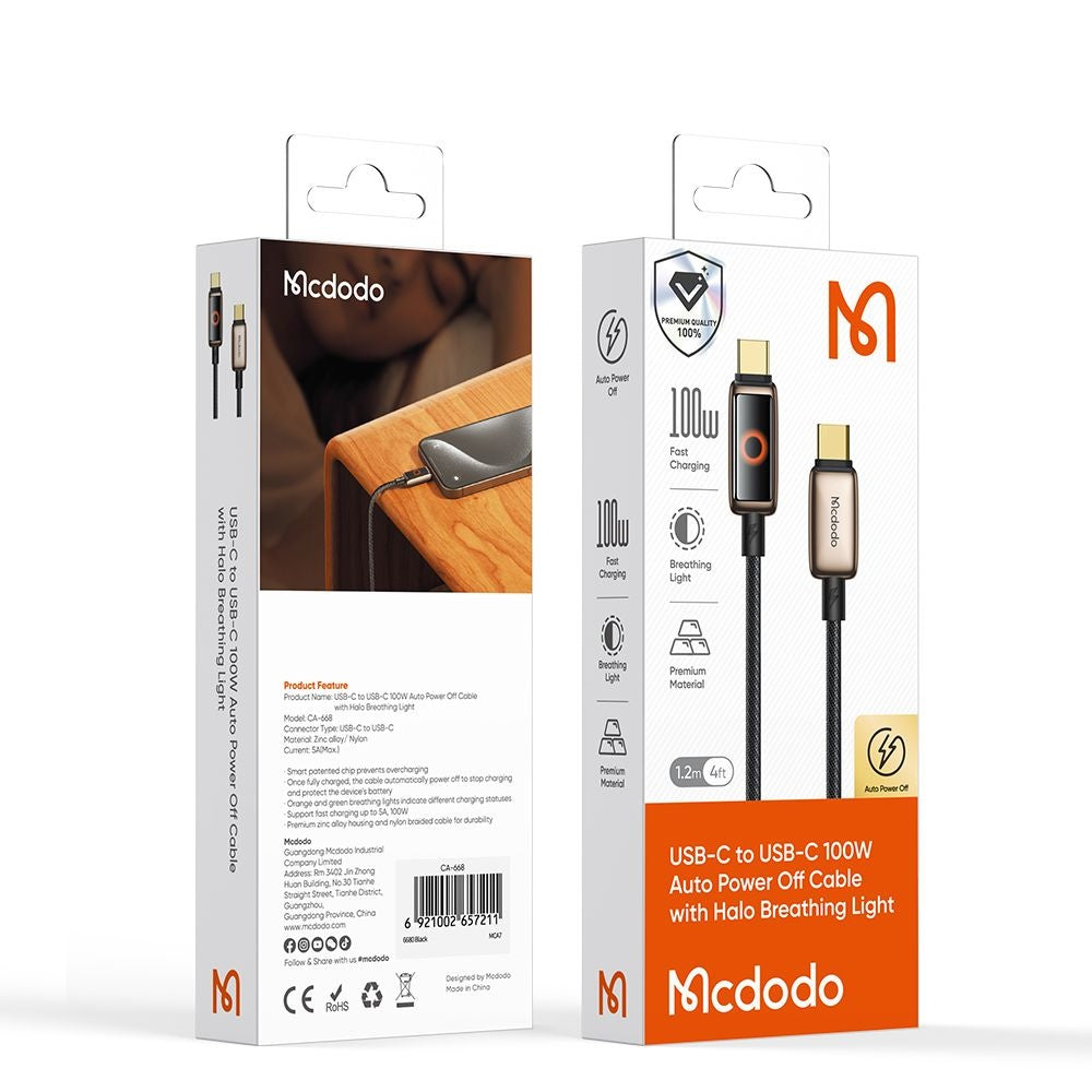 Câble de Données et de Charge USB-C - USB-C McDodo CA-6681 Auto Power Off, 100W, 1.2m, Doré