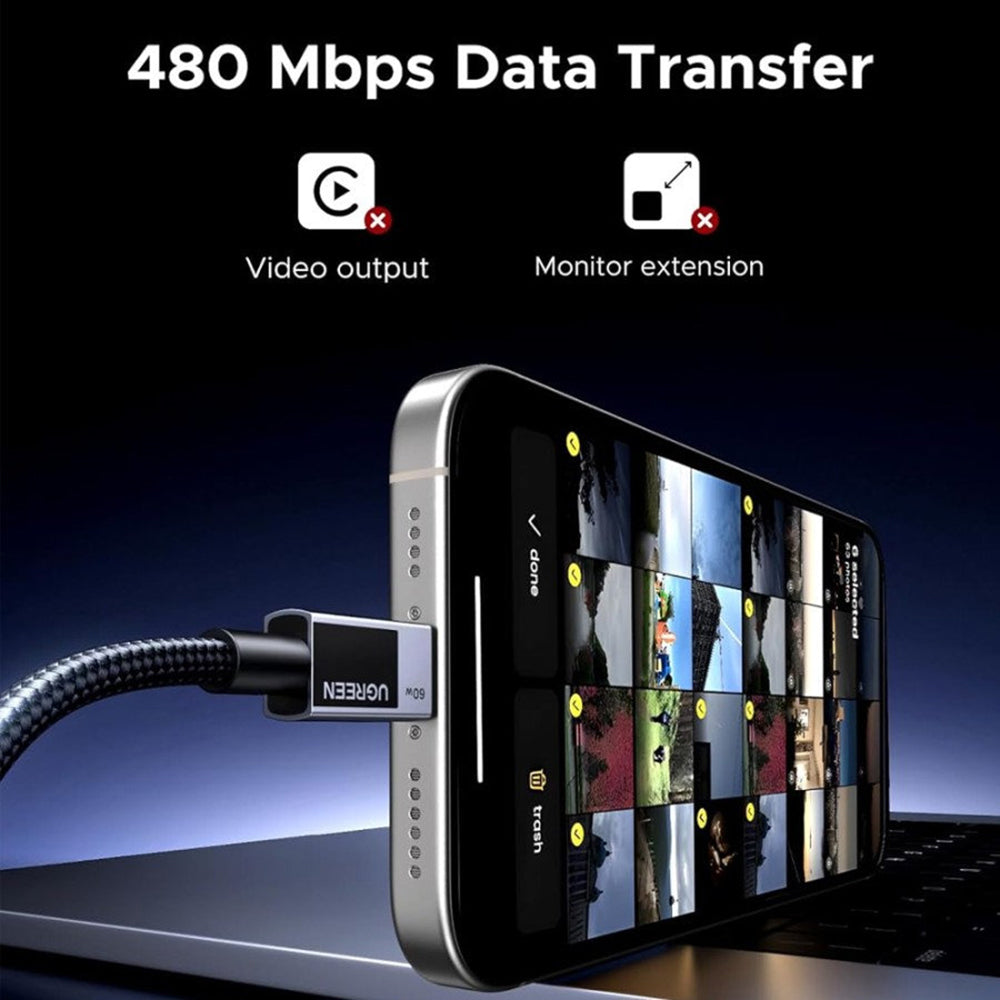USB-C Data- en Oplaadkabel - USB-C UGREEN L524, 60W, 1m, Gri