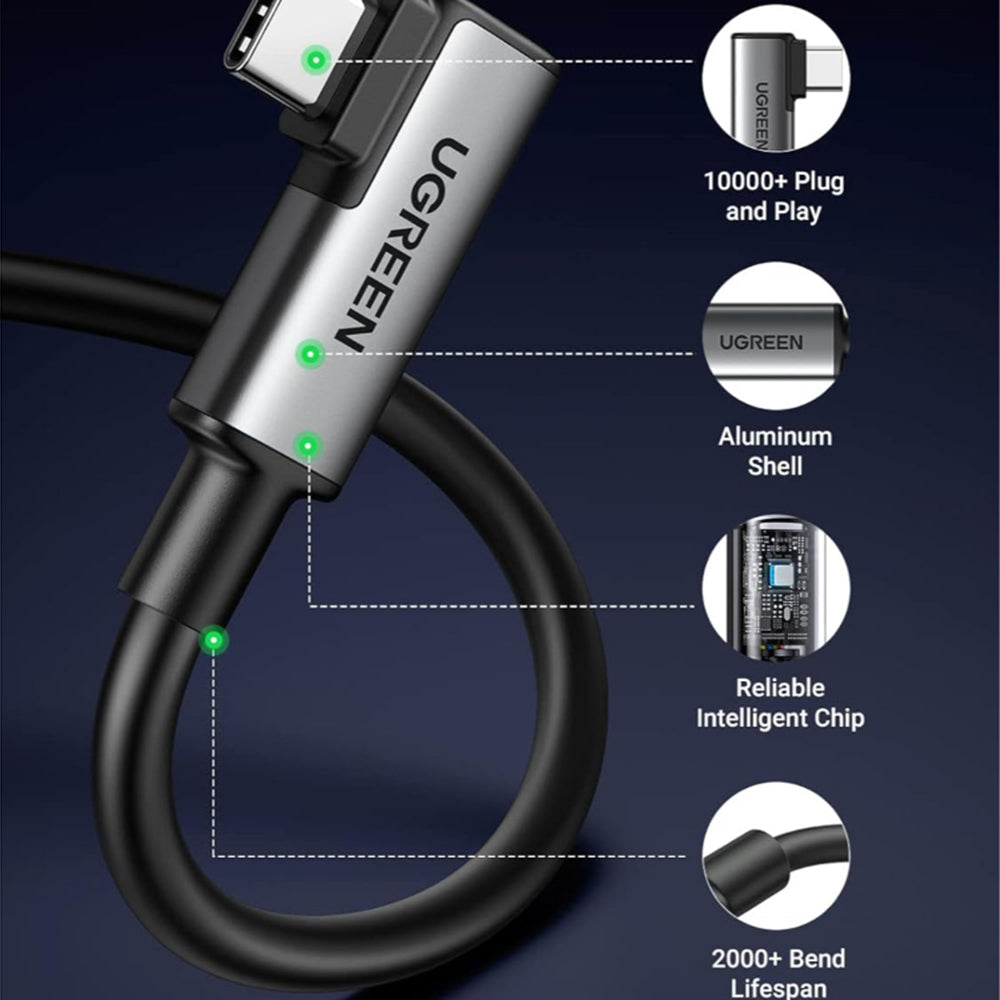 USB-C Data- en Oplaadkabel - USB-C UGREEN US551 (90629) Gehoekt, 60W, 5m, Zwart