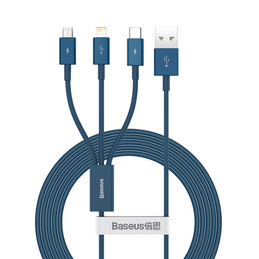 Oplaadkabel USB-A - Lightning / microUSB / USB-C Baseus Superior 3in1 Series, 20W, 1,5m, Blauw CAMLTYS-03