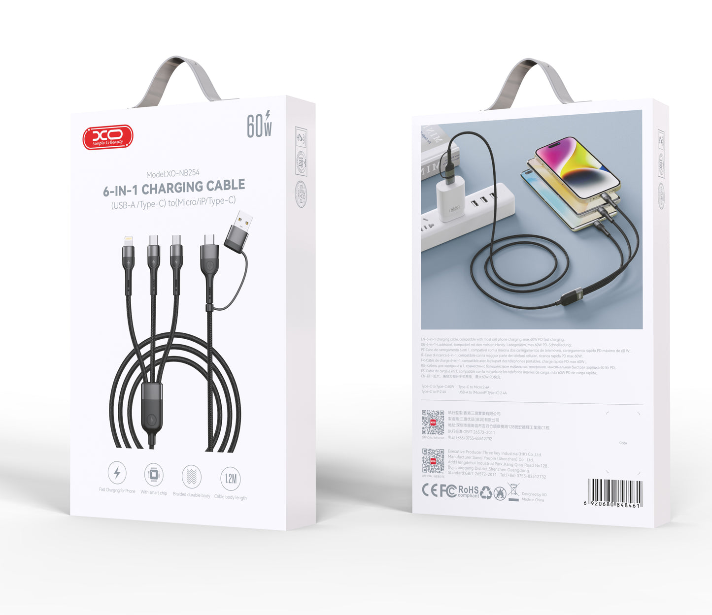 Oplaadkabel USB-A / USB-C - Lightning / microUSB / USB-C XO Design NB254 3in1, 60W, 1,2m, Zwart