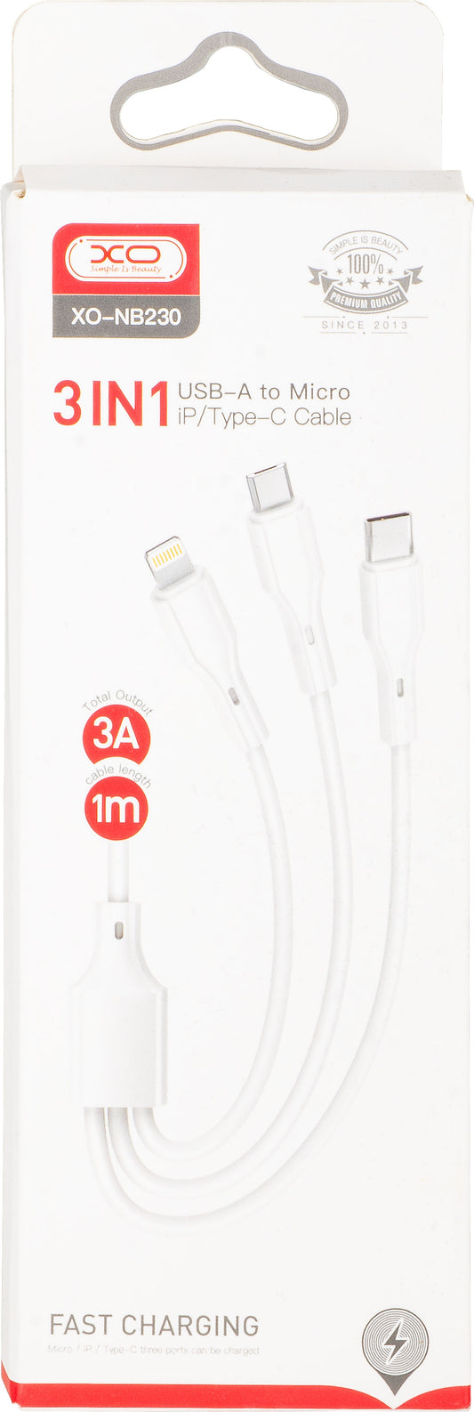 Oplaadkabel USB-A - Lightning / microUSB / USB-C XO Design NB230 3in1, 20W, 1m, Wit