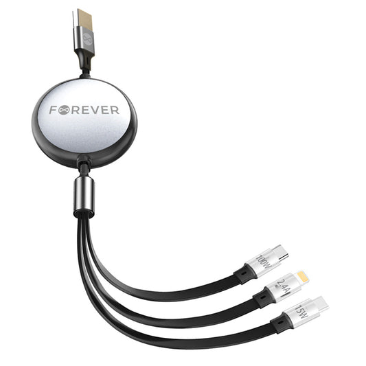 Forever 3in1 USB-A - Lightning / 2 x USB-C Forever 3in1-Ladekabel, 100W, 1,2m, Schwarz