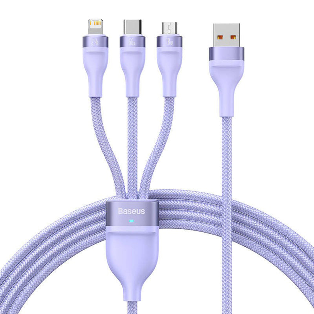 USB-A - Lightning / microUSB / USB-C Baseus Flash Series II 3in1 oplaadkabel, 66W, 1.2m, Paars CASS040005