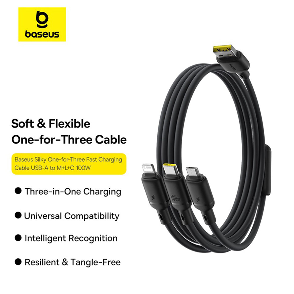 USB-A - Lightning / microUSB / USB-C Baseus Silky 3in1 Oplaadkabel, 100W, 1.5m, Zwart P10377705123-00